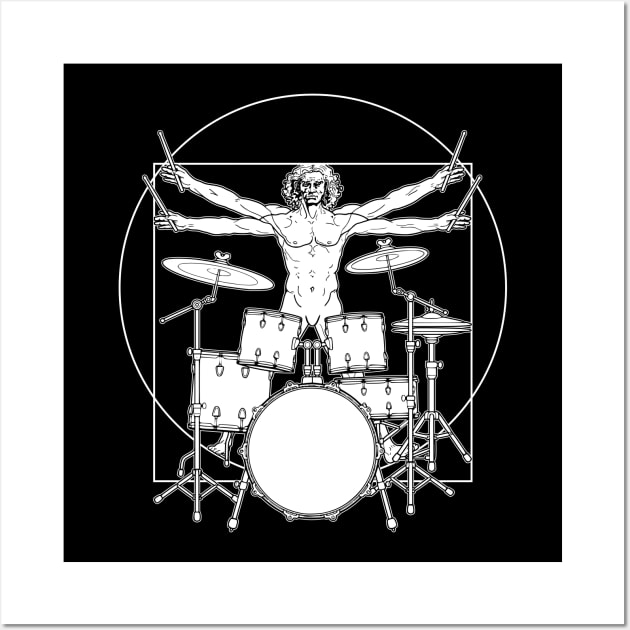 Virtuvian Man Drummer White Wall Art by sarahwolffie